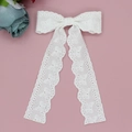 Close-up of white eyelet lace hair bow with long embroidered floral streamers for girls - White Hollow Floral Style (白2)