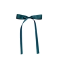 Detail of dark green satin bow hair clip with long ribbons on white background - Green