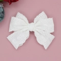 Close-up of white lace bow hair clip with floral embroidery and hollow eyelet details - White Fresh French Style (白3)