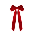 Detailed view of dark red velvet bow hair clip with elegant long ribbon streamers - Red