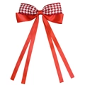 Detail view of red houndstooth bow hair clip with long ribbons and satin fabric texture - Red