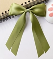 Olive green double-layered satin bow hair clip with long ribbons for balletcore style - Green