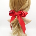 Elegant large red satin bow hair clip with long ribbons for a ponytail hairstyle - Festive Satin Bow (Red) / Red
