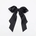 Detail of elegant black double-layered satin bow hair clip with flowing long ribbons - French Satin Bow (Black) / Black