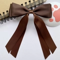 Large dark brown satin double bow hair clip with long ribbons on white background - Brown