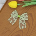 Gros plan sur la barrette nœud en dentelle vert clair avec broderie florale fine - Vert