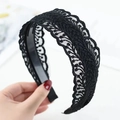 Elegant wide headband with black floral lace embroidery and wavy edges for women - Black Lace Style (04#)