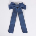 Classic dark blue denim bow hair clip with orange stitching and long elegant streamers - Dark Blue