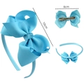Ensemble serre-tête et pince à cheveux avec nœud en ruban gros-grain bleu ciel pour filles - Bleu lac