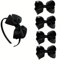 Set de diadema con lazo de cinta acanalada negra y cuatro pinzas de pelo a juego - Negro
