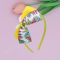 Yellow school-themed bow headband for girls featuring colorful pencil printed ribbon patterns - Navy Blue