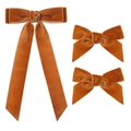 Ensemble de 3 barrettes nœuds en velours orange brûlé avec de longs rubans élégants - Café