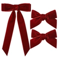 Ensemble de trois barrettes à nœuds en velours rouge avec longs rubans et petits nœuds - Bordeaux