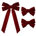 Close-up of three-piece burgundy velvet hair bows set showing soft texture and rich color - Combination of Long Streamer Bow and Small Bows / Burgundy