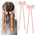 Pink velvet ballet-style bow hair clips with long ribbons for girls' elegant hairstyles - Pink