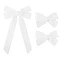 Detailed set of three white satin bow hair clips featuring long ribbons and small bows - Combination of Long Streamer Bow and Small Bows / White