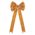 Detalle de lazo de terciopelo amarillo mostaza para árbol de Navidad con cintas largas - Caqui