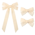 Detail view of 3-piece cream velvet bow set with long ribbon and premium stitching - Combination of Long Streamer Bow and Small Bows / Beige
