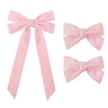 Set di tre fermagli per capelli con fiocchi in velluto rosa e lunghi nastri morbidi - Combinazione di fiocco con nastri lunghi e fiocchi piccoli / Rosa