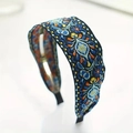 Detailed macro view of ethnic style embroidery on wide blue satin floral headband - Dark Blue Embroidery Style (03#)