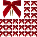 Set of 24 red velvet Christmas bows with gold twist ties for festive gift wrapping - Red