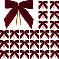 24-piece set of red velvet Christmas bows with gold metallic twist ties for holiday decor - Burgundy