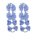 Detailed close-up of blue and white gingham fabric bow hair ties with elastic bands - Royal Blue