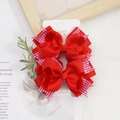 Pair of red ribbed multi-layer bow hair clips for girls on a fashion display card - Red Plaid Style (02#)