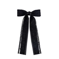 Elegant black lace double-layered bow hair clip with long ribbons on white background - Black