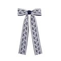 Detail of navy blue satin hair clip with white floral lace layers and long streamers - Navy Blue