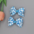 Paio di fermagli per capelli in nastro grosgrain a quadretti blu e bianchi con tulipano - Blu lago