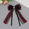 Pince à cheveux élégante en ruban bordeaux avec dentelle noire et gemme vintage - Bordeaux