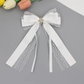 Elegant white lace bow hair clip with satin ribbon and vintage rhinestone center - White