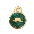 Gouden ronde huisdierpenning met groene glitterachtergrond en snorvormige hanger - 22*29mm / Groen