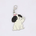 Portachiavi cane in smalto bianco e nero con fiocco rosa e chiusura a moschettone - Maltese