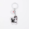 Cute black and white Husky metal keychain with I Heart Dogs round charm pendant - Running Alaskan With Heart
