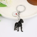 Dog paw metal keychain with Boxer silhouette and I Heart Dogs pendant on white tray - Black Dog And Red Heart