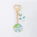 Golden heart clasp keychain with airplane and blue earth globe travel pendants - Earth Airplane