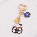 Llavero de gato de la suerte con gancho de corazón y colgantes de flor de cerezo - Gato de la Suerte Grande Negro