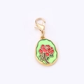 Green enamel oval pendant featuring a red rose flower with a gold lobster clasp - Rose
