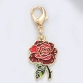 Enamel red rose pendant keychain with golden lobster clasp and green leaf details - Red Rose