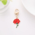 Golden heart lobster clasp keychain featuring a red and green enamel carnation flower pendant - Carnation