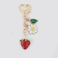 Golden strawberry keychain with heart clasp, red enamel fruit and daisy pendant charms - Rhinestone Strawberry Cluster