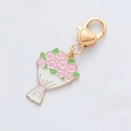 Gold-plated lobster clasp keychain with pink enamel flower bouquet and heart pendant - Pink Flower Bouquet