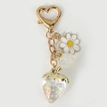Golden heart clasp strawberry daisy keychain with iridescent bead-filled pendant - Transparent Strawberry