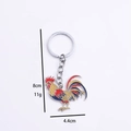 Colorful oil painting style rooster keychain pendant made of metal alloy with dimensions - Tilted Tail Rooster
