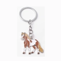 Porte-clés cheval de course émaillé avec détails marrons et anneau en métal poli - Cheval brun et blanc