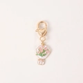 Pink tulip flower keychain with golden heart lobster clasp and green leaf details - Pink Tulip