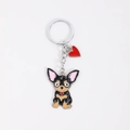 Cute Chihuahua dog keychain with black and tan enamel finish and red heart charm - New Chihuahua (Red Heart)
