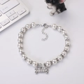 Elegant pearl pet collar with rhinestone bone pendant and adjustable lobster clasp - M 25cm 18 Beads / White Rhinestone Bone